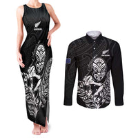 New Zealand Silver Fern Rugby Custom Couples Matching Tank Maxi Dress and Long Sleeve Button Shirt Maori Tiki Black Version