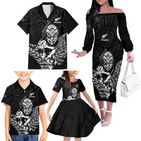 New Zealand Silver Fern Rugby Custom Family Matching Off The Shoulder Long Sleeve Dress and Hawaiian Shirt Maori Tiki Black Version
