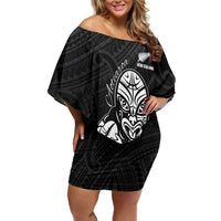 New Zealand Silver Fern Rugby Custom Family Matching Off Shoulder Short Dress and Hawaiian Shirt Maori Tiki Black Version