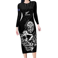 New Zealand Silver Fern Rugby Custom Long Sleeve Bodycon Dress Maori Tiki Black Version