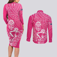 New Zealand Silver Fern Rugby Custom Couples Matching Long Sleeve Bodycon Dress and Long Sleeve Button Shirt Maori Tiki Pink Version