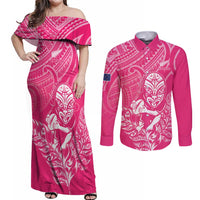 New Zealand Silver Fern Rugby Custom Couples Matching Off Shoulder Maxi Dress and Long Sleeve Button Shirt Maori Tiki Pink Version