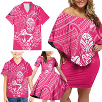 New Zealand Silver Fern Rugby Custom Family Matching Off Shoulder Short Dress and Hawaiian Shirt Maori Tiki Pink Version