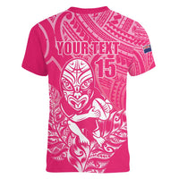 New Zealand Silver Fern Rugby Custom Women V-Neck T-Shirt Maori Tiki Pink Version
