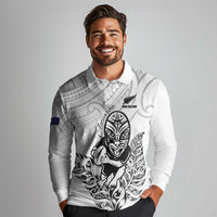 New Zealand Silver Fern Rugby Custom Long Sleeve Polo Shirt Maori Tiki White Version