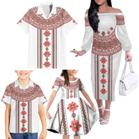 Bulgarian Embroidery Style Seamless Pattern Family Matching Off The Shoulder Long Sleeve Dress and Hawaiian Shirt