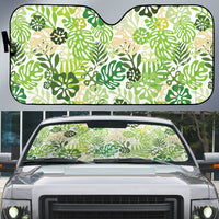 Green Aloha Hawaiian Auto Sun Shade Monstera Hibiscus Tropical Pattern