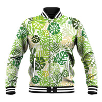 Green Aloha Hawaiian Baseball Jacket Monstera Hibiscus Tropical Pattern
