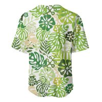 Green Aloha Hawaiian Baseball Jersey Monstera Hibiscus Tropical Pattern