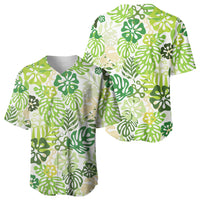 Green Aloha Hawaiian Baseball Jersey Monstera Hibiscus Tropical Pattern