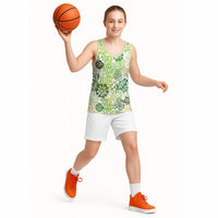 Green Aloha Hawaiian Basketball Jersey Monstera Hibiscus Tropical Pattern