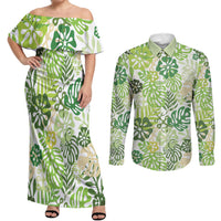 Green Aloha Hawaiian Couples Matching Off Shoulder Maxi Dress and Long Sleeve Button Shirt Monstera Hibiscus Tropical Pattern