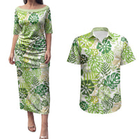 Green Aloha Hawaiian Couples Matching Puletasi and Hawaiian Shirt Monstera Hibiscus Tropical Pattern