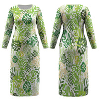 Green Aloha Hawaiian Family Matching Long Sleeve Bodycon Dress and Hawaiian Shirt Monstera Hibiscus Tropical Pattern