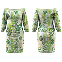 Green Aloha Hawaiian Family Matching Off The Shoulder Long Sleeve Dress and Hawaiian Shirt Monstera Hibiscus Tropical Pattern
