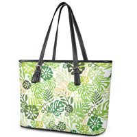 Green Aloha Hawaiian Leather Tote Bag Monstera Hibiscus Tropical Pattern