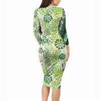 Green Aloha Hawaiian Long Sleeve Bodycon Dress Monstera Hibiscus Tropical Pattern