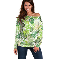 Green Aloha Hawaiian Off Shoulder Sweater Monstera Hibiscus Tropical Pattern