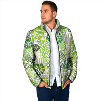 Green Aloha Hawaiian Padded Jacket Monstera Hibiscus Tropical Pattern