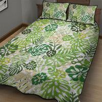 Green Aloha Hawaiian Quilt Bed Set Monstera Hibiscus Tropical Pattern