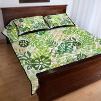 Green Aloha Hawaiian Quilt Bed Set Monstera Hibiscus Tropical Pattern