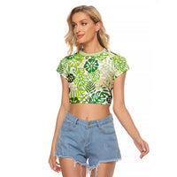 Green Aloha Hawaiian Raglan Cropped T Shirt Monstera Hibiscus Tropical Pattern