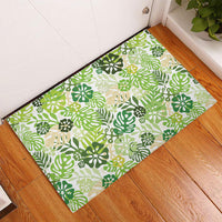 Green Aloha Hawaiian Rubber Doormat Monstera Hibiscus Tropical Pattern