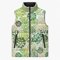 Green Aloha Hawaiian Sleeveless Puffer Jacket Monstera Hibiscus Tropical Pattern