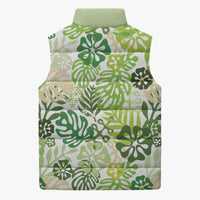 Green Aloha Hawaiian Sleeveless Puffer Jacket Monstera Hibiscus Tropical Pattern
