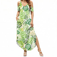 Green Aloha Hawaiian Summer Maxi Dress Monstera Hibiscus Tropical Pattern