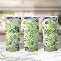 Green Aloha Hawaiian Tumbler Cup Monstera Hibiscus Tropical Pattern