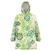 Green Aloha Hawaiian Wearable Blanket Hoodie Monstera Hibiscus Tropical Pattern