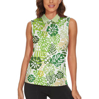 Green Aloha Hawaiian Women Sleeveless Polo Shirt Monstera Hibiscus Tropical Pattern