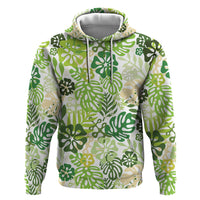 Green Aloha Hawaiian Zip Hoodie Monstera Hibiscus Tropical Pattern