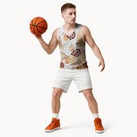 Brown Aloha Hawaiian Basketball Jersey Monstera Hibiscus Tropical Pattern