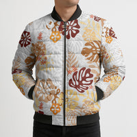 Brown Aloha Hawaiian Bomber Puffer Jacket Monstera Hibiscus Tropical Pattern