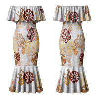 Brown Aloha Hawaiian Couples Matching Mermaid Dress and Long Sleeve Button Shirt Monstera Hibiscus Tropical Pattern