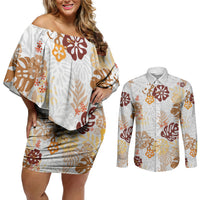 Brown Aloha Hawaiian Couples Matching Off Shoulder Short Dress and Long Sleeve Button Shirt Monstera Hibiscus Tropical Pattern