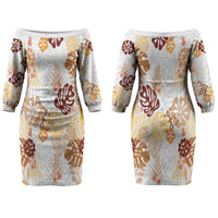 Brown Aloha Hawaiian Couples Matching Off The Shoulder Long Sleeve Dress and Long Sleeve Button Shirt Monstera Hibiscus Tropical Pattern