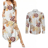 Brown Aloha Hawaiian Couples Matching Summer Maxi Dress and Long Sleeve Button Shirt Monstera Hibiscus Tropical Pattern
