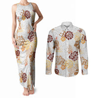 Brown Aloha Hawaiian Couples Matching Tank Maxi Dress and Long Sleeve Button Shirt Monstera Hibiscus Tropical Pattern