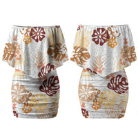 Brown Aloha Hawaiian Family Matching Off Shoulder Short Dress and Hawaiian Shirt Monstera Hibiscus Tropical Pattern