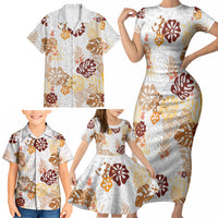Brown Aloha Hawaiian Family Matching Short Sleeve Bodycon Dress and Hawaiian Shirt Monstera Hibiscus Tropical Pattern