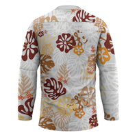 Brown Aloha Hawaiian Hockey Jersey Monstera Hibiscus Tropical Pattern