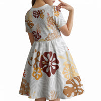 Brown Aloha Hawaiian Kid Short Sleeve Dress Monstera Hibiscus Tropical Pattern