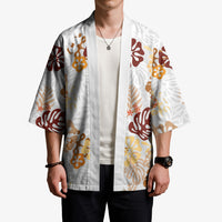 Brown Aloha Hawaiian Kimono Monstera Hibiscus Tropical Pattern