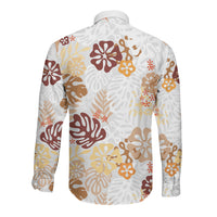 Brown Aloha Hawaiian Long Sleeve Button Shirt Monstera Hibiscus Tropical Pattern