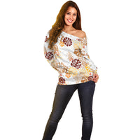 Brown Aloha Hawaiian Off Shoulder Sweater Monstera Hibiscus Tropical Pattern