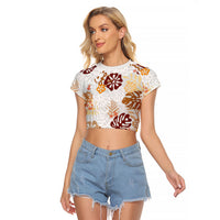 Brown Aloha Hawaiian Raglan Cropped T Shirt Monstera Hibiscus Tropical Pattern