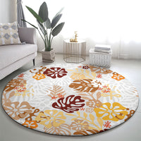 Brown Aloha Hawaiian Round Carpet Monstera Hibiscus Tropical Pattern